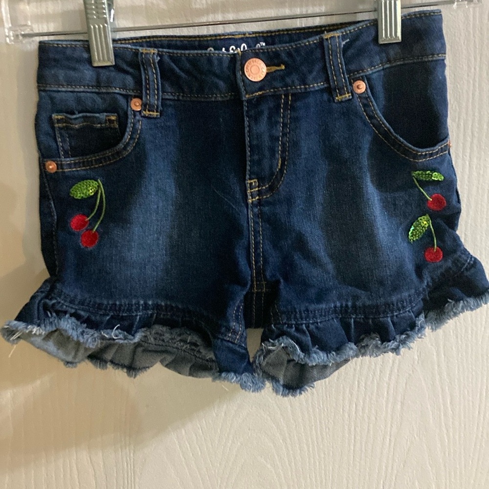 Cat & Jack Blue Denim Shorts with Cherry Embroidery and Ruffle Hem. Size 7/8